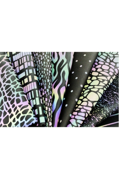 DG-CW  Multicolor Printed Reflective Stretch Fabric  Yoga Clothing  Iridescent Reflective Fabric  Silver Print Reflective Fabric  Size: Width 1.45m  Thickness: 0.45mm  Material: 100% Polyester / Polyester-Cotton / Polyester-Spandex  Reflectivity: 330-420  detail view-3